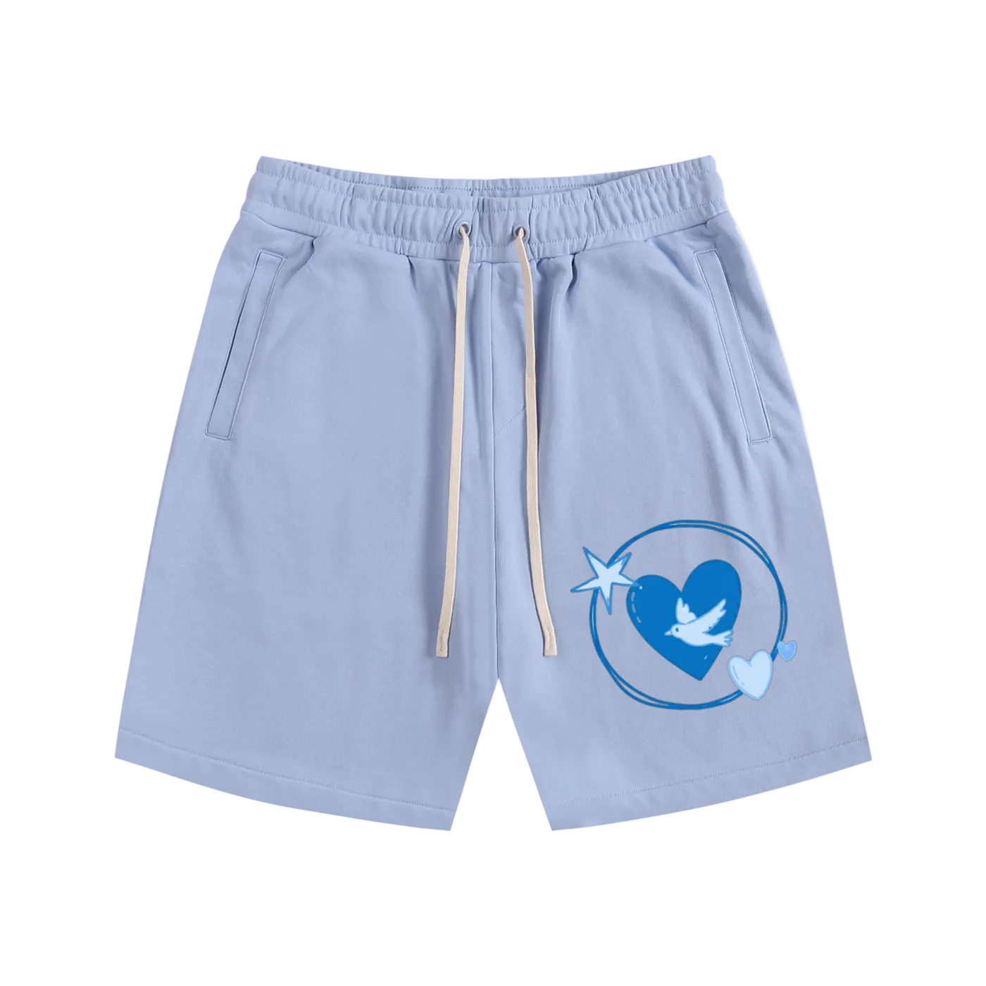 Light blue shorts with a heart and dove design on a white background