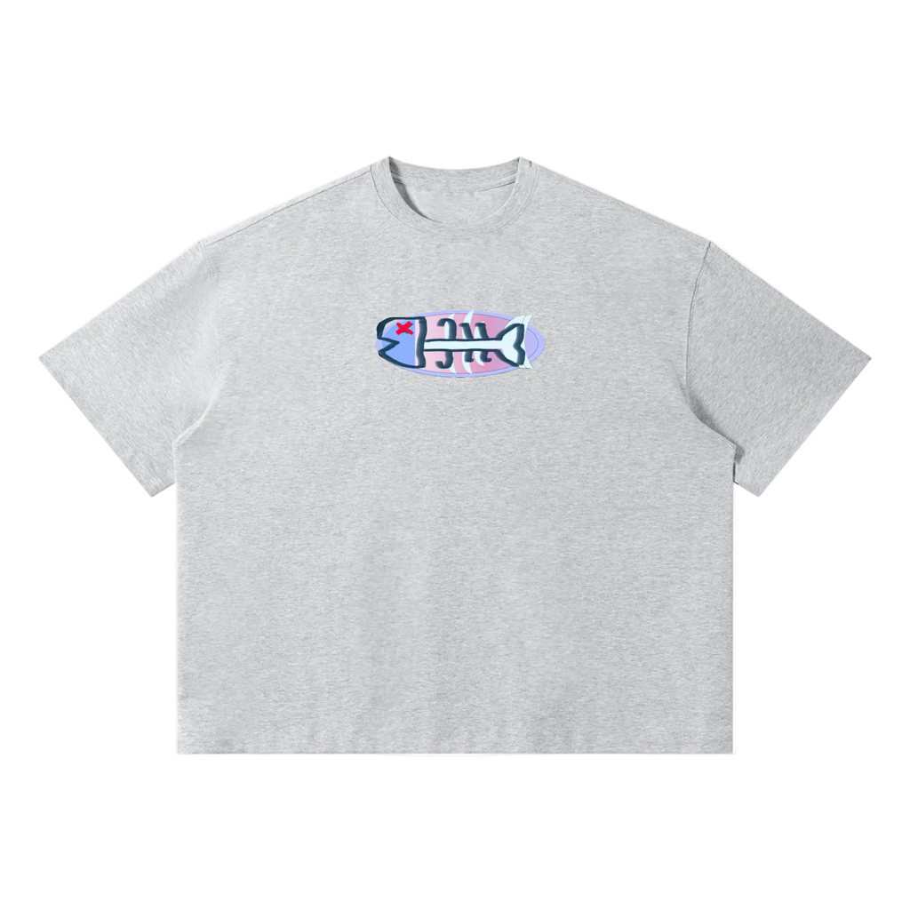 Gray t-shirt with a colorful graphic on a white background