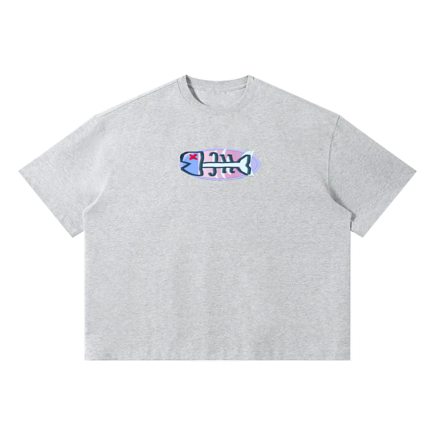 Gray t-shirt with a colorful graphic on a white background