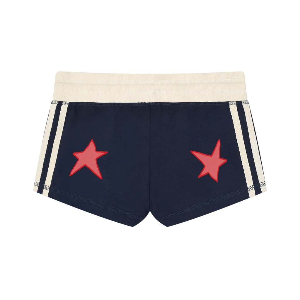 Navy shorts with red stars and white stripes on a white background