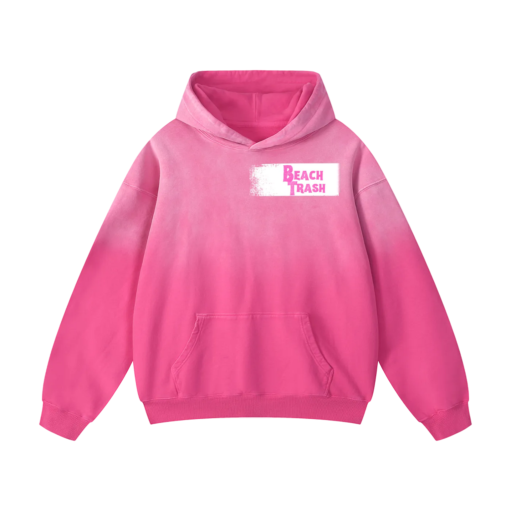 Pink hoodie with 'Beach Trash' text on a white background