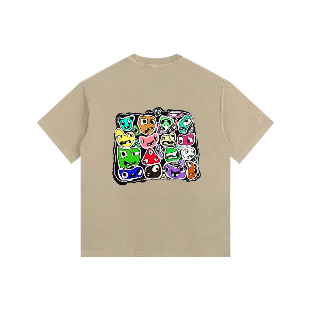 Beige t-shirt with colorful graphic design on the back against a white background