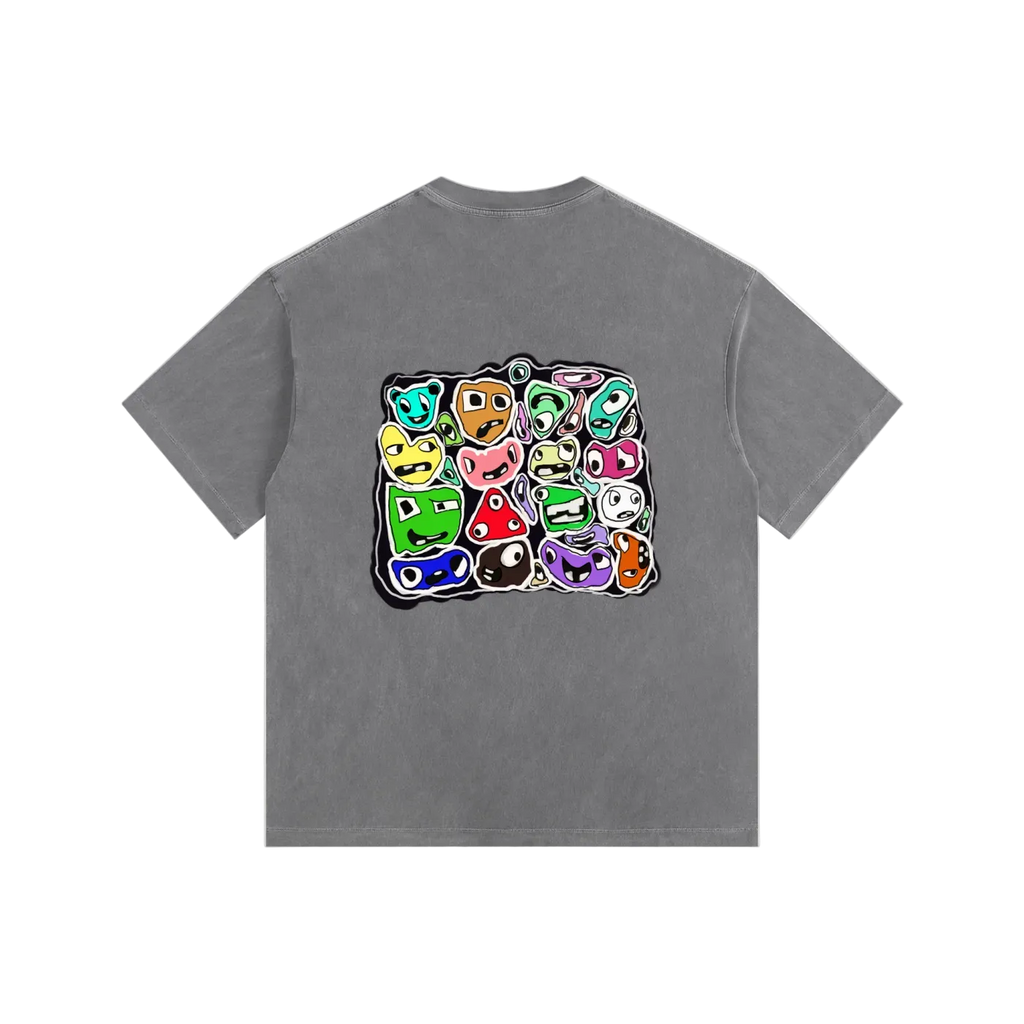Gray t-shirt with colorful graphic design on a white background