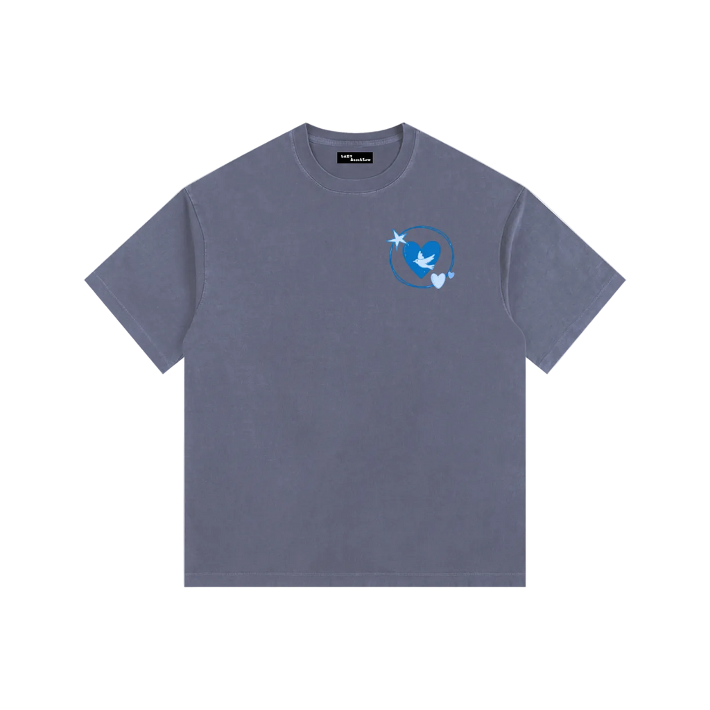 Gray t-shirt with a small logo on a white background