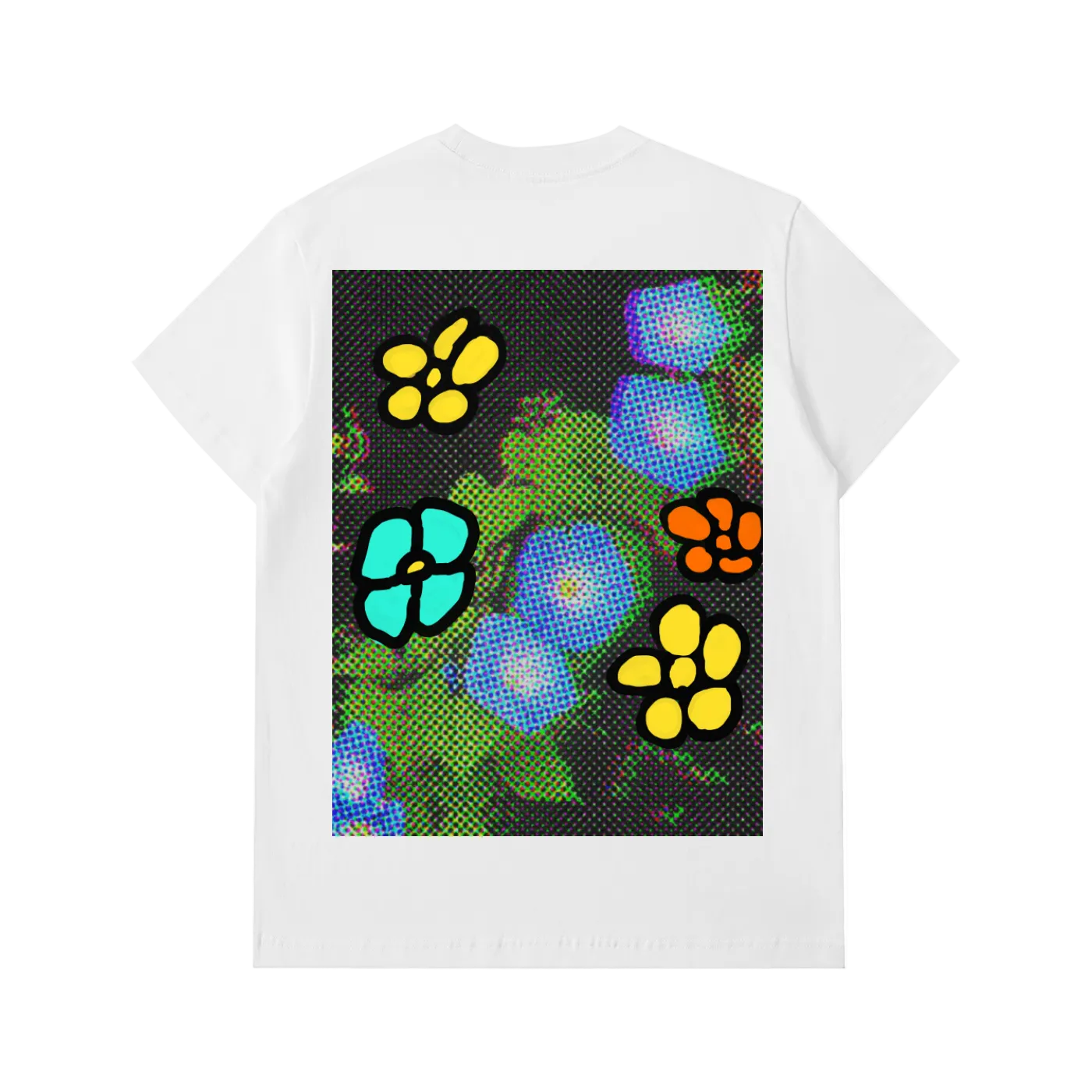 White t-shirt with colorful floral design on a white background