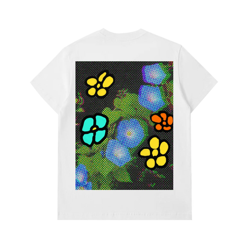 White t-shirt with colorful floral design on a white background