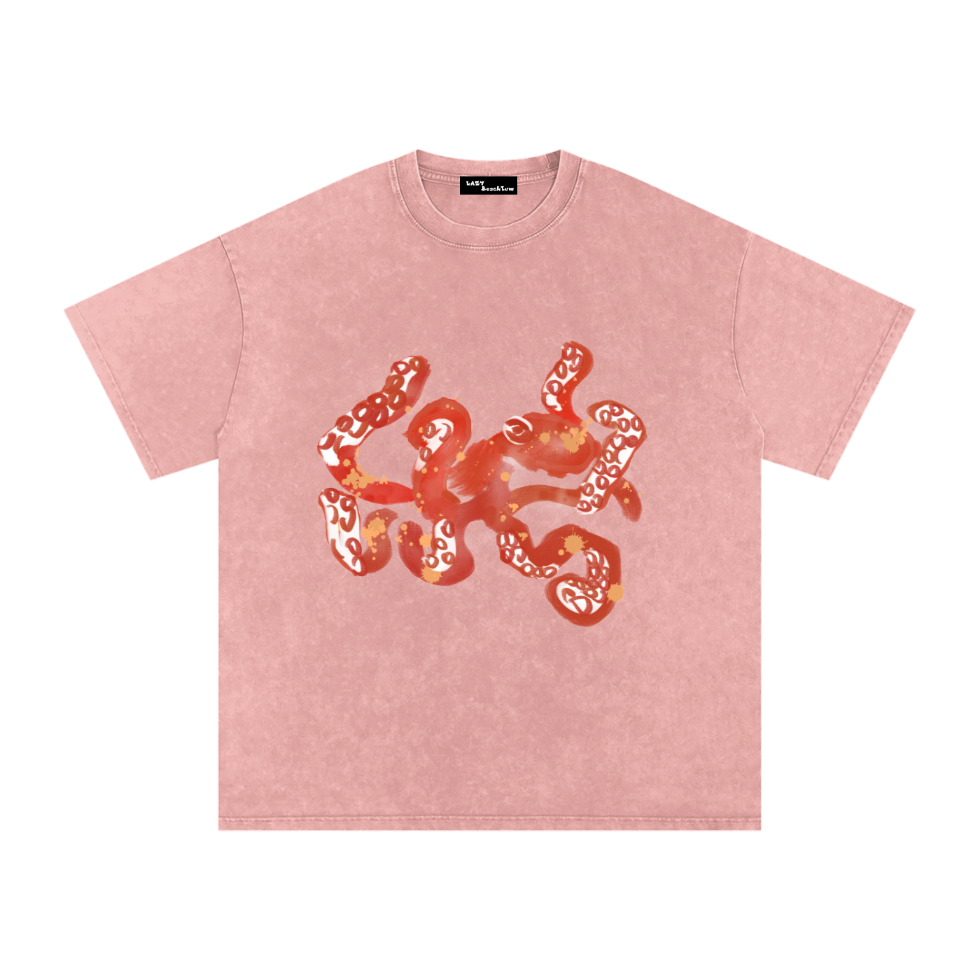 Pink t-shirt with red octopus design on a white background