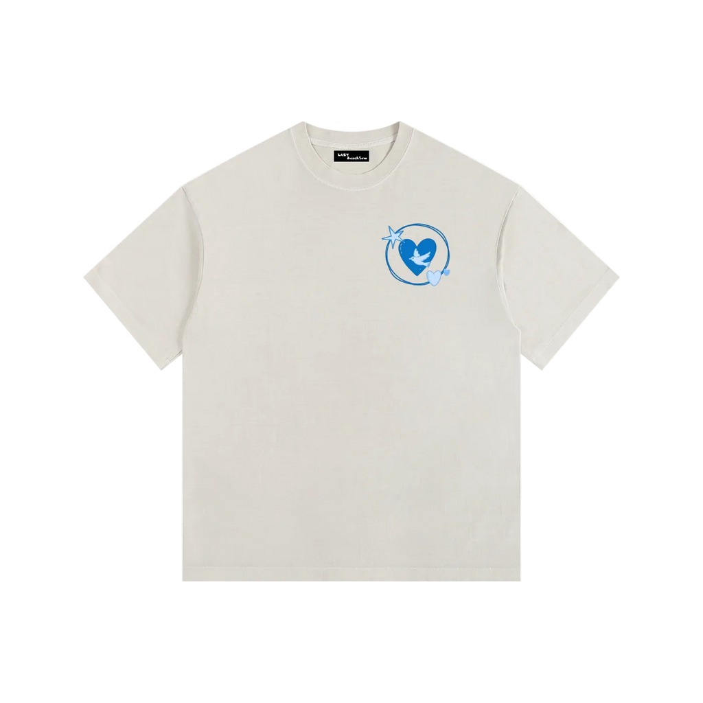 Beige t-shirt with a blue logo on a white background