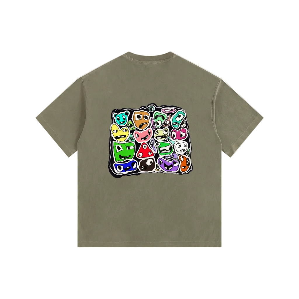 Green t-shirt with colorful graphic design on a white background