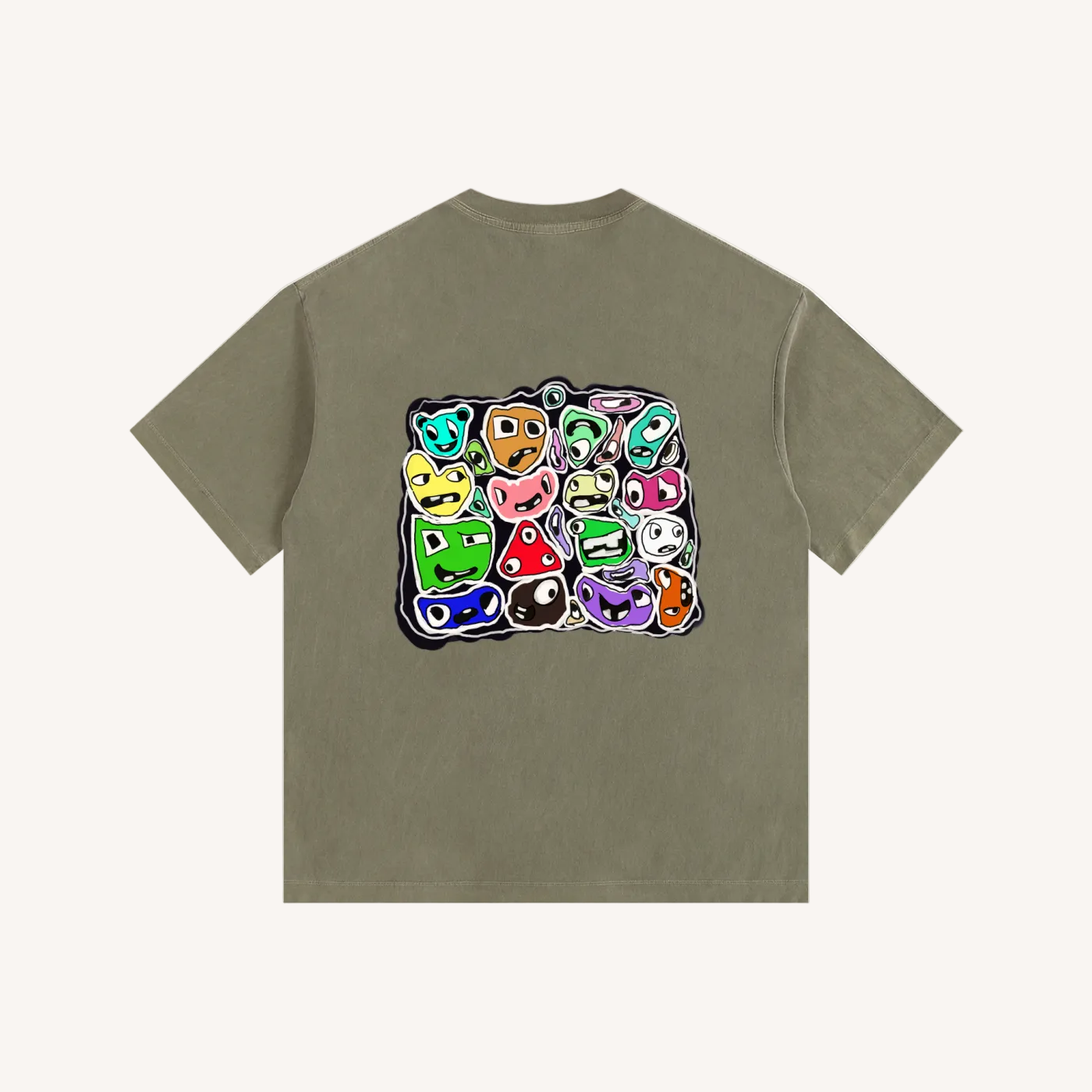 Green t-shirt with colorful graphic design on a white background