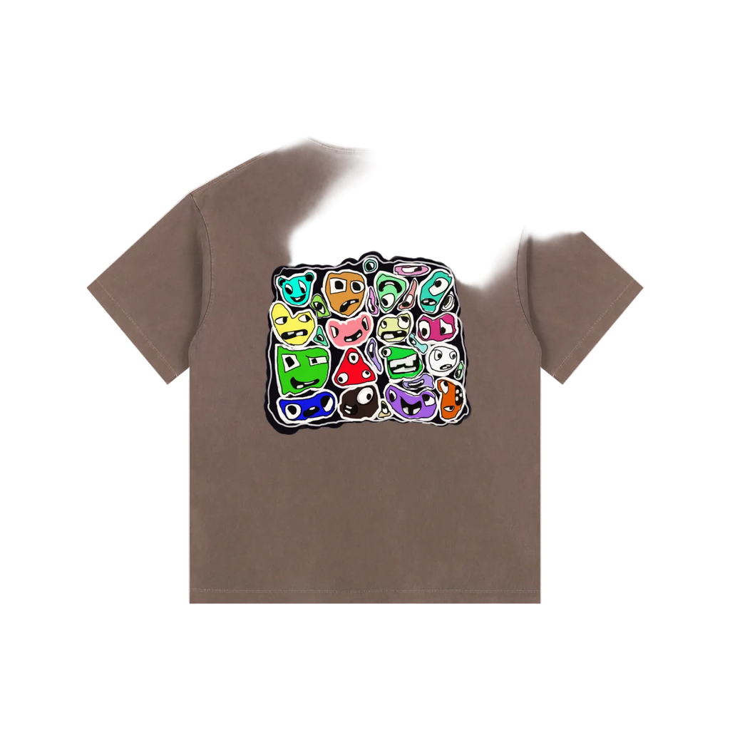 Brown t-shirt with colorful graphic design on a white background