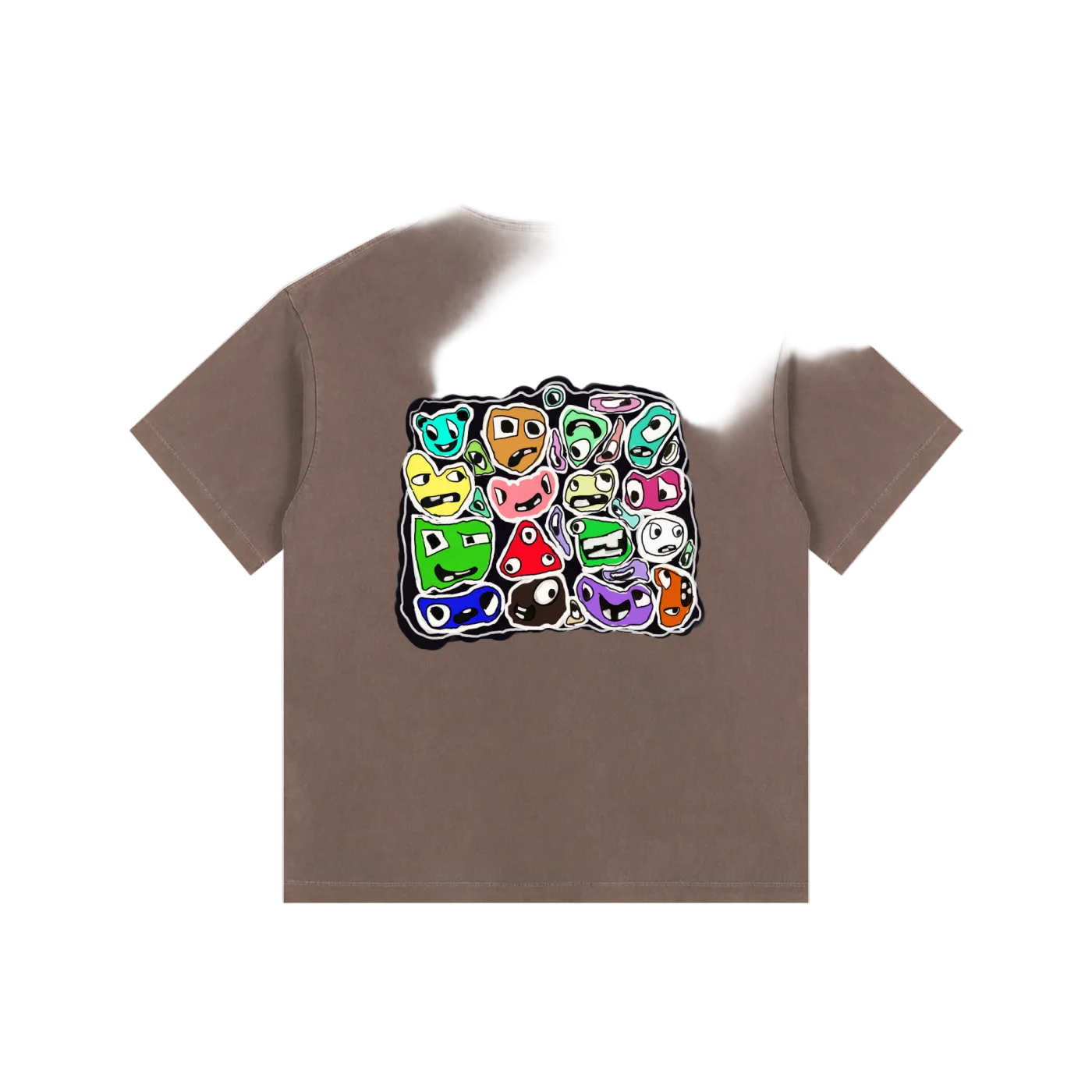 Brown t-shirt with colorful graphic design on a white background