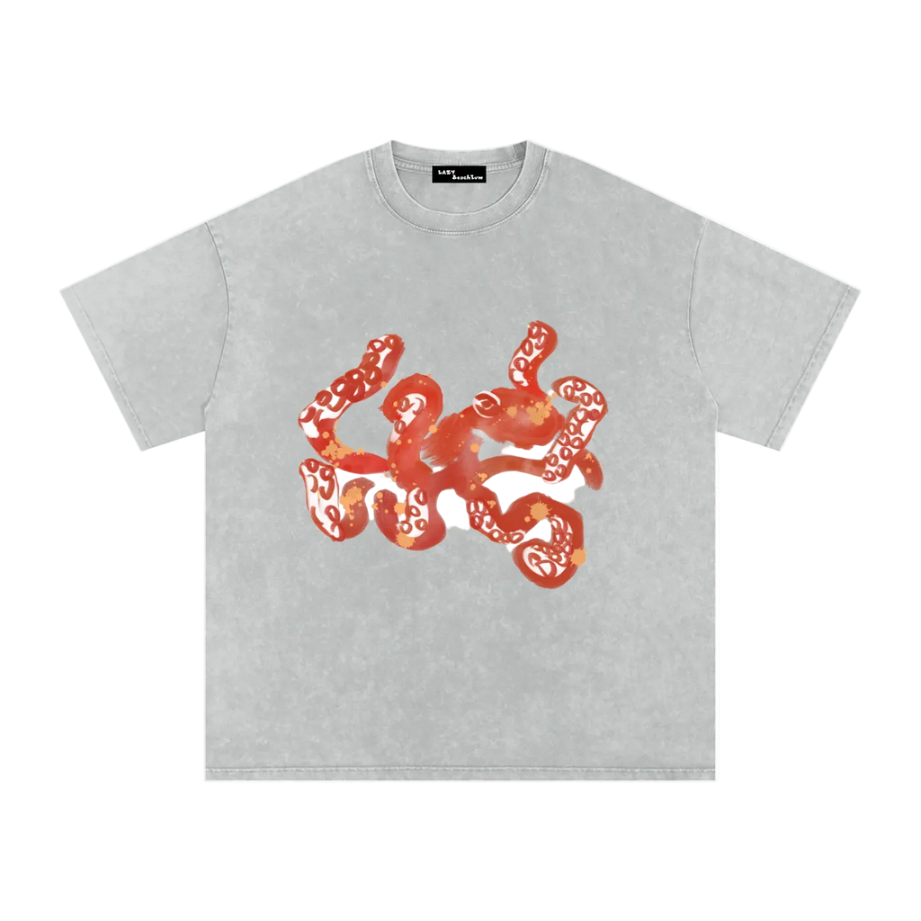 Gray t-shirt with red octopus design on a white background