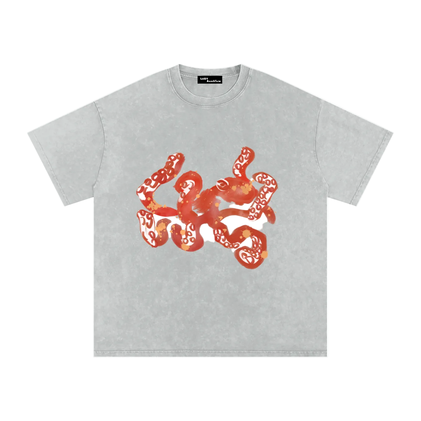 Gray t-shirt with red octopus design on a white background