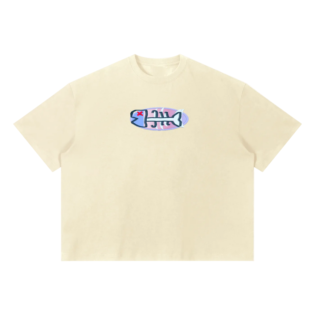 Beige t-shirt with a colorful graphic on a white background