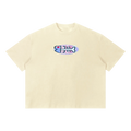 Beige t-shirt with a colorful graphic on a white background