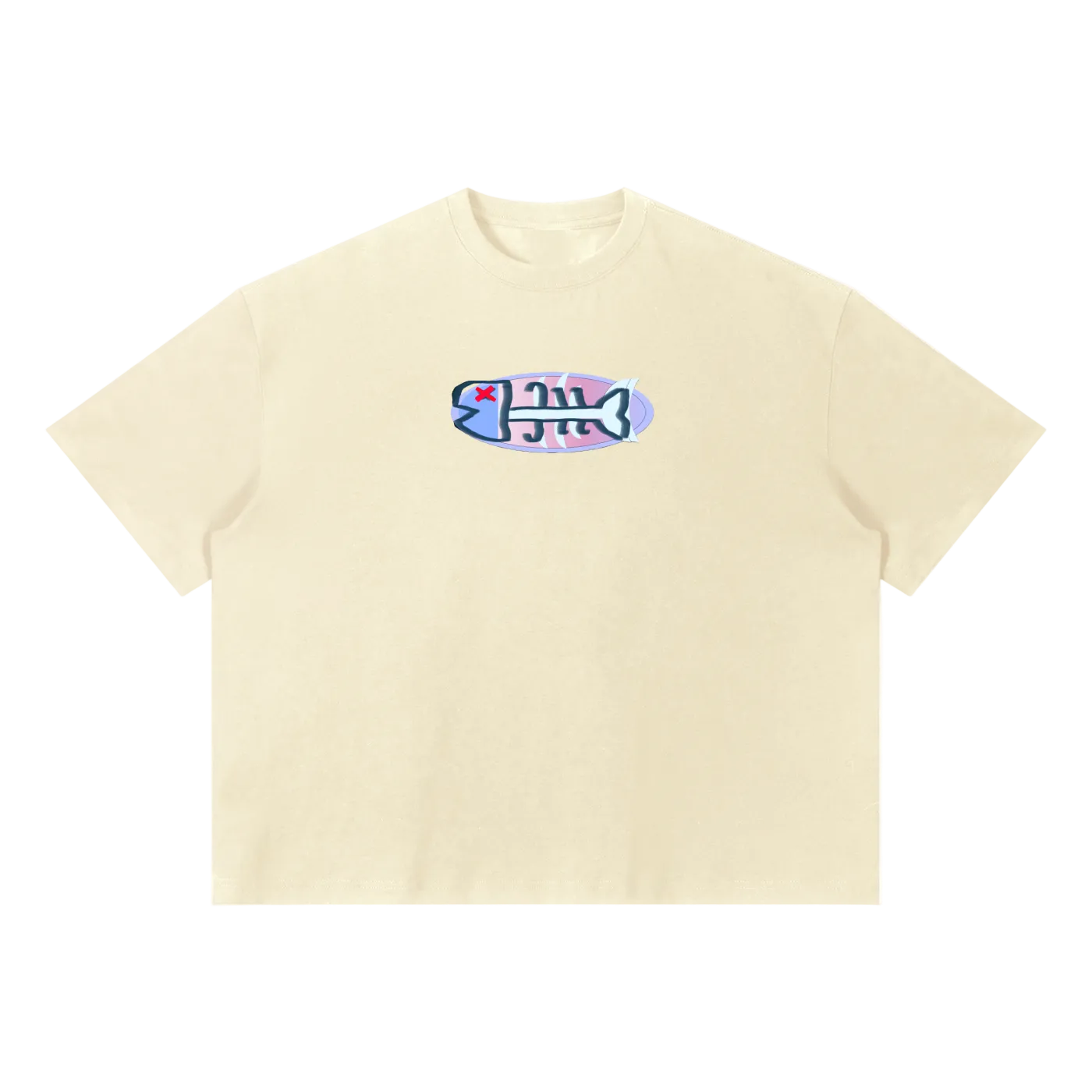 Beige t-shirt with a colorful graphic on a white background