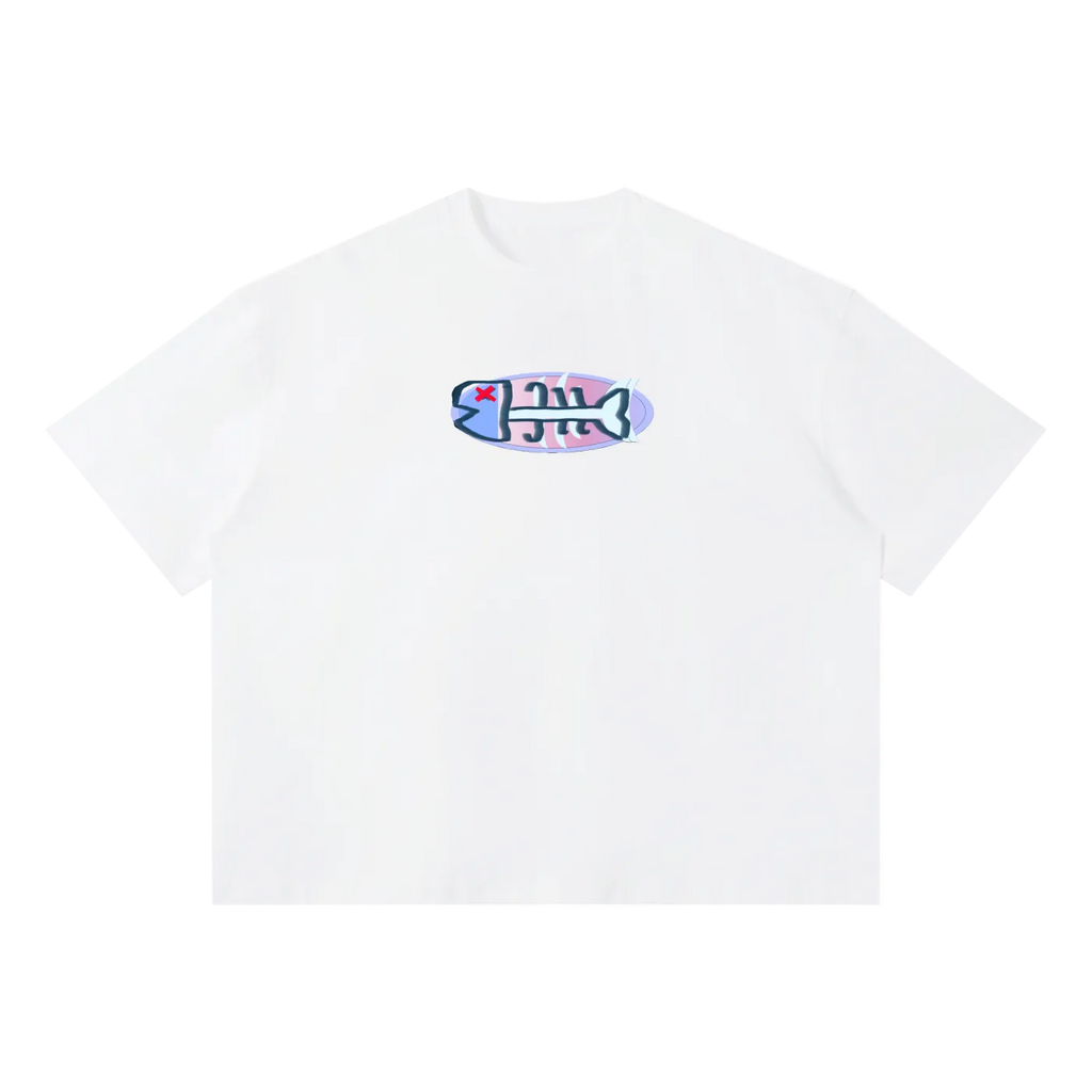 White t-shirt with a colorful graphic design on a white background
