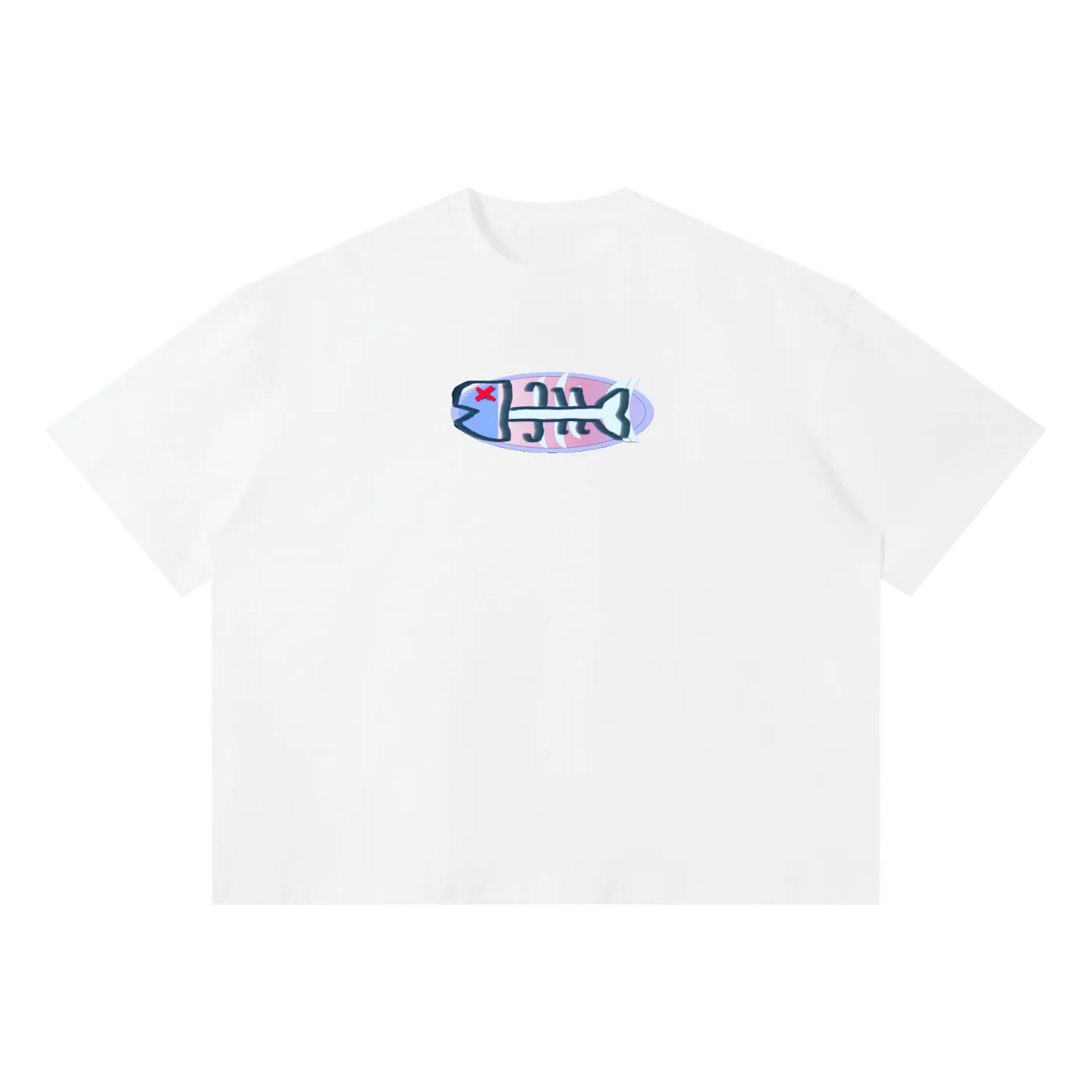 White t-shirt with a colorful graphic design on a white background
