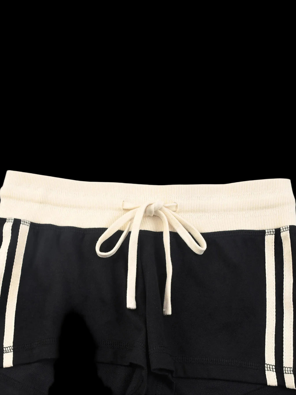 Black shorts with white drawstring and trim on a white background